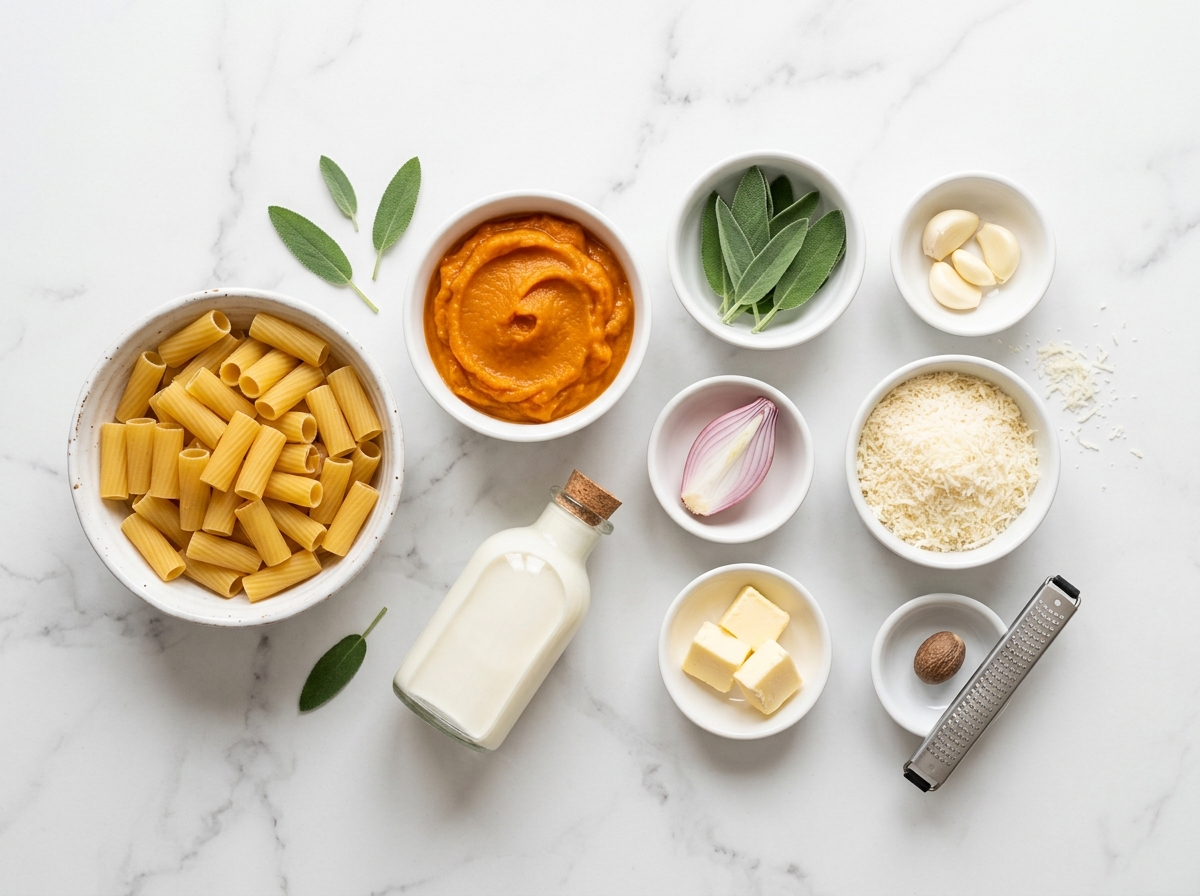 Creamy Pumpkin Pasta Recipe ingredients top-down flat-lay