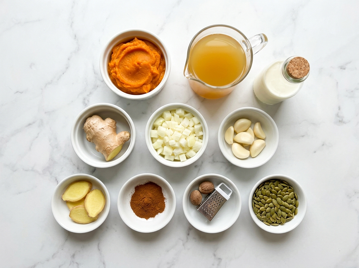 Creamy Pumpkin Soup Recipe ingredients top-down flat-lay