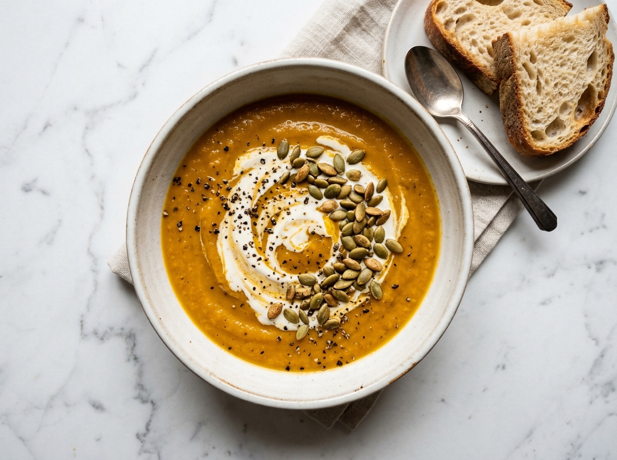 Creamy Pumpkin Soup Recipe plated finished dish