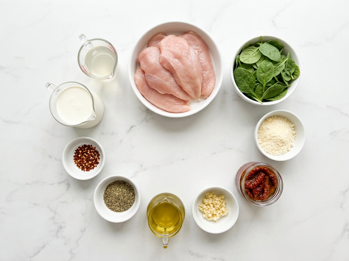 Creamy Tuscan Chicken ingredients top-down flat-lay