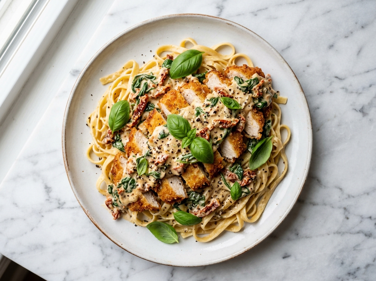 Plated Creamy Tuscan Chicken served over fettuccine pasta