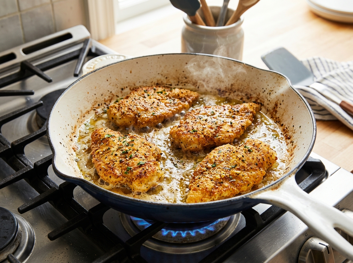 Searing golden chicken cutlets in white enameled skillet