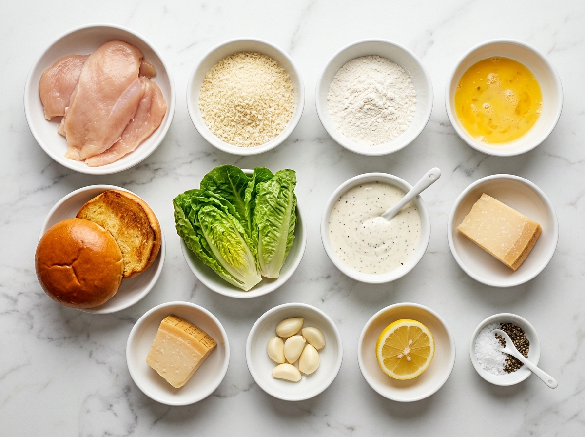 Crispy Chicken Caesar Sandwich ingredients top-down flat-lay