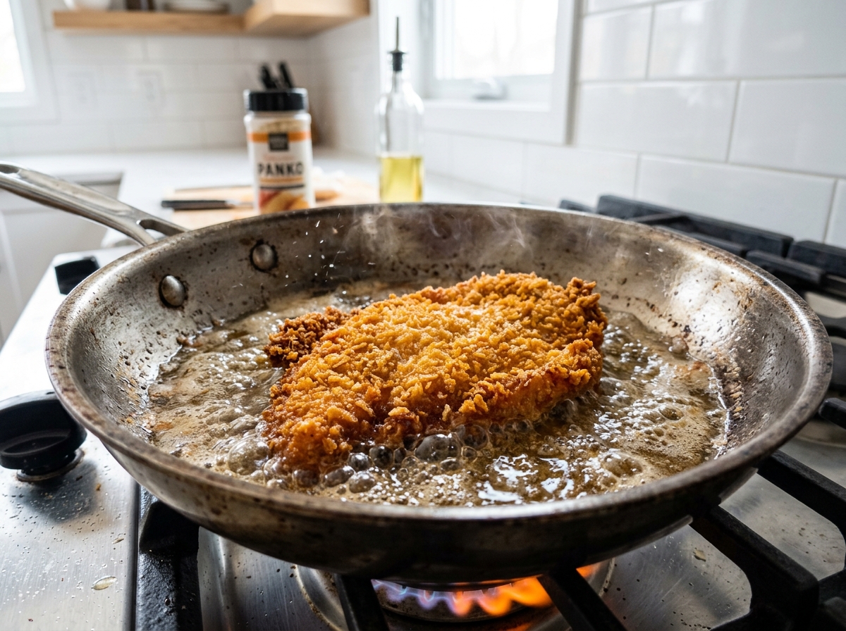 Frying breaded chicken cutlets in skillet step 2