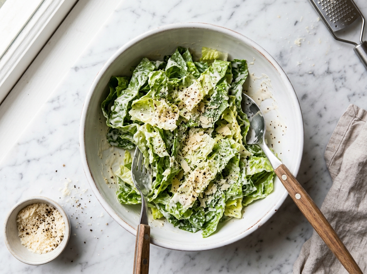 Tossing Romaine lettuce in Caesar dressing step 3