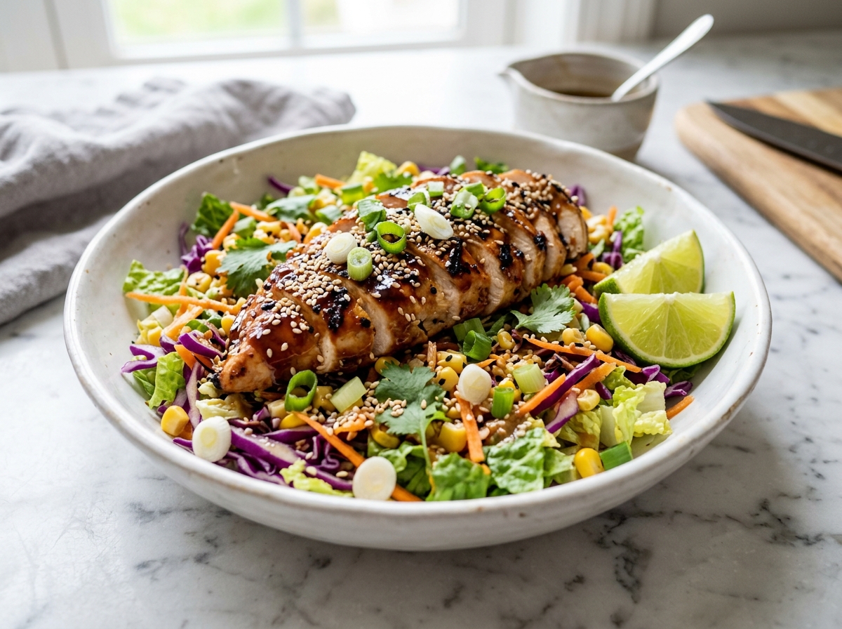 Plated Asian Chicken Salad in ceramic bowl with glazed chicken and lime