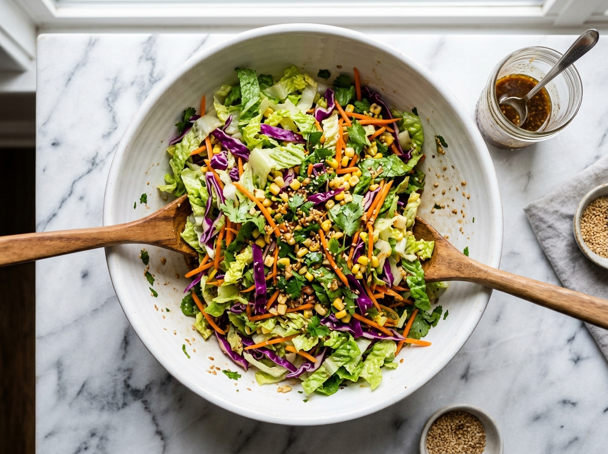 Tossing crisp greens with sesame ginger dressing in ceramic bowl