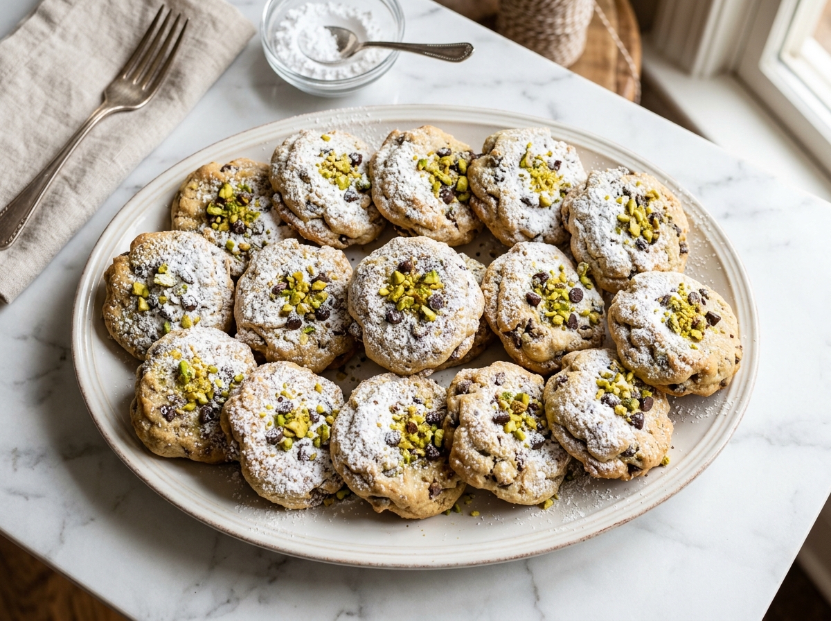 Plated golden Cannoli cookies dusted with powdered sugar and pistachios