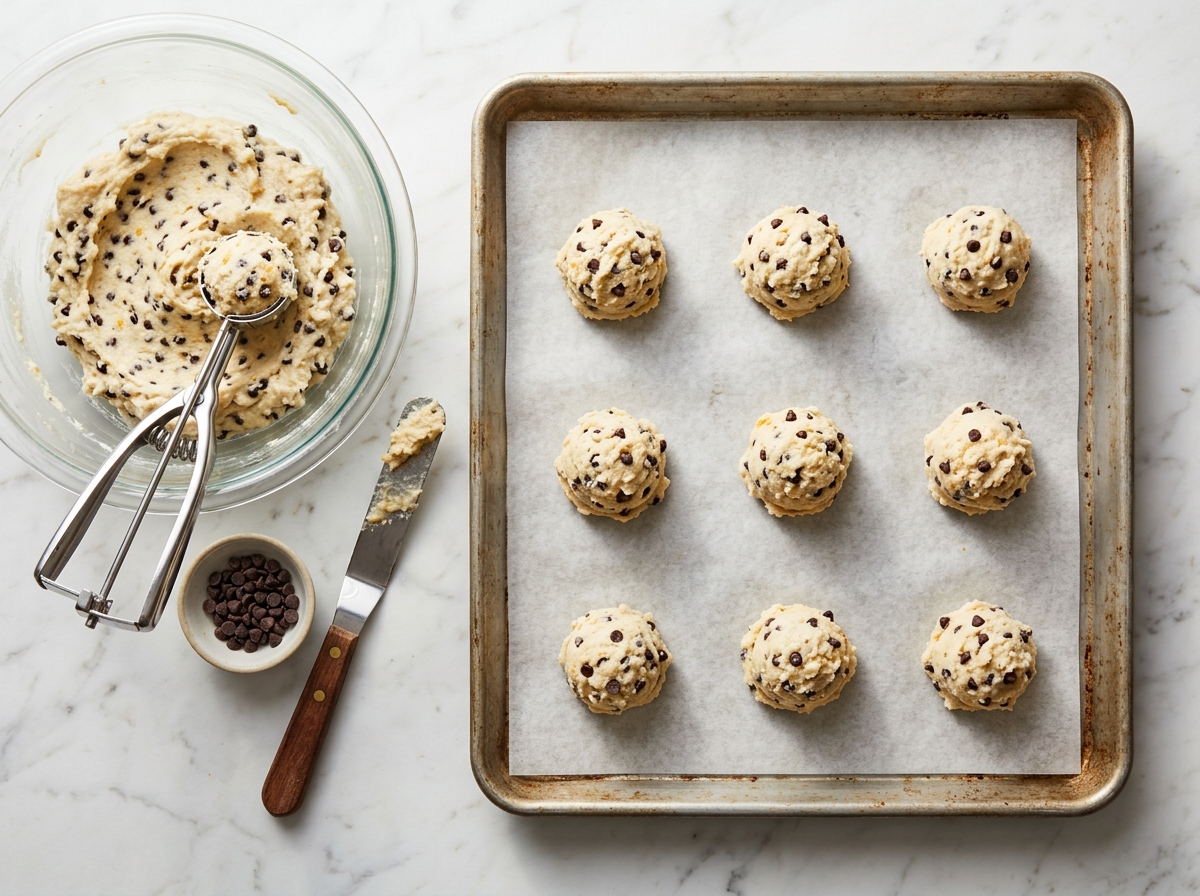 Scooping rounded ricotta cannoli cookie dough balls onto baking sheet