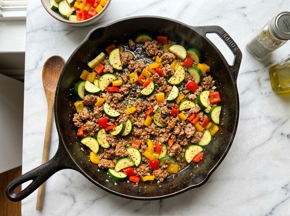 Ground Turkey Zucchini Skillet cooking process in skillet