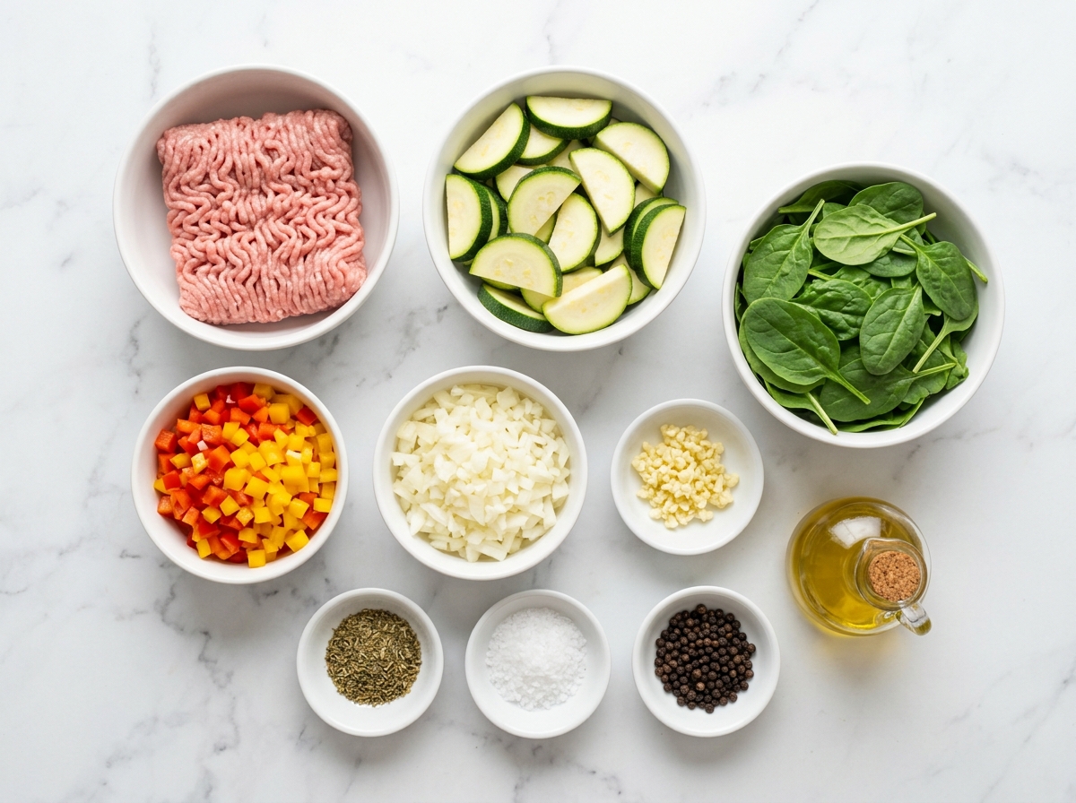 Ground Turkey Zucchini Skillet ingredients top-down flat-lay