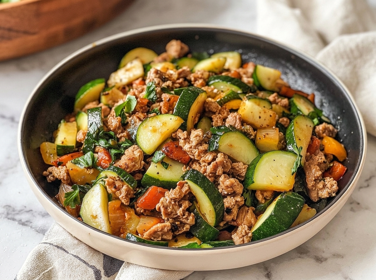 Ground Turkey Zucchini Skillet plated close-up