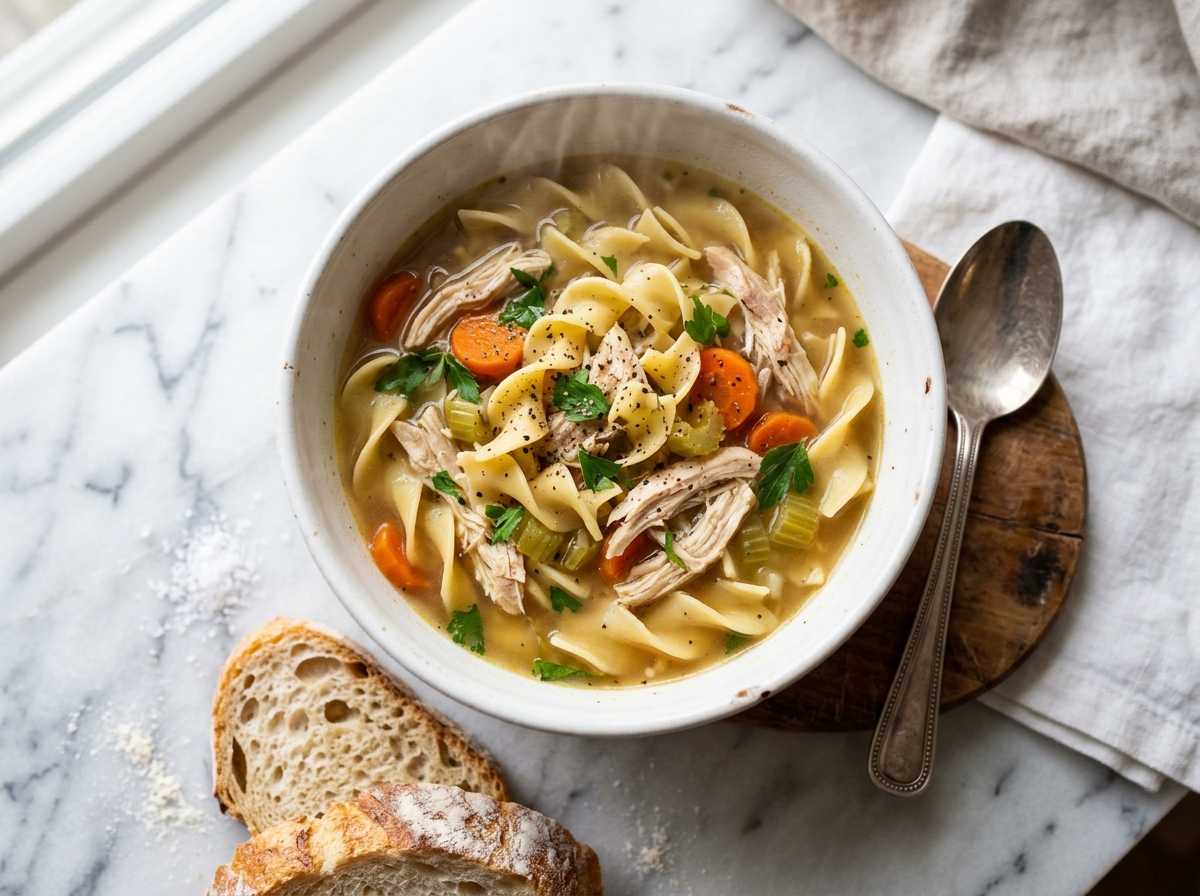 Comforting bowl of Homemade Chicken Noodle Soup with bread slices