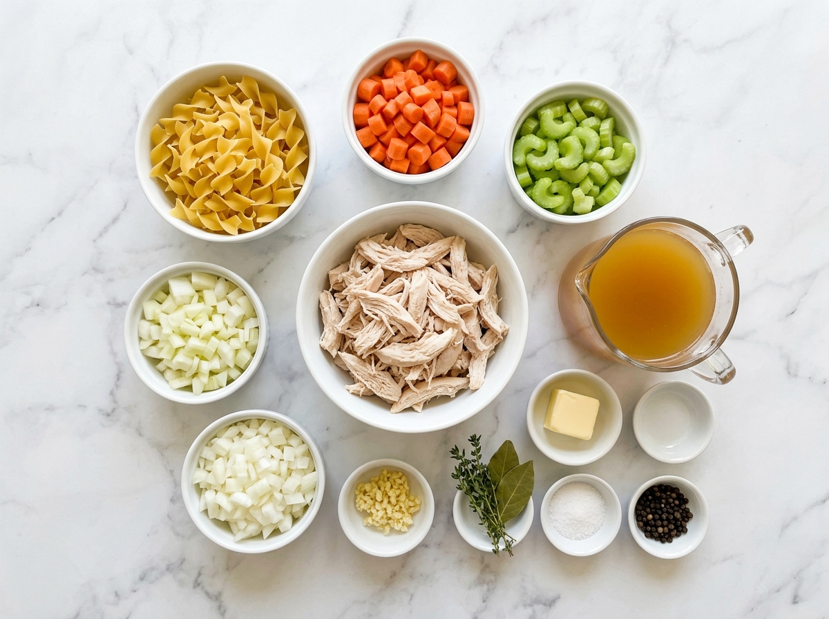Homemade Chicken Noodle Soup ingredients top-down flat-lay