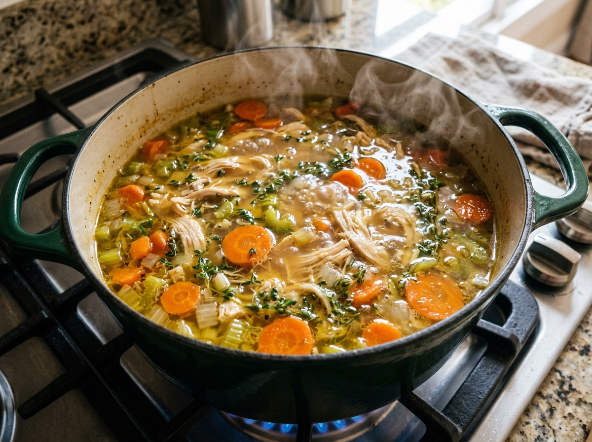 Simmering rich golden chicken broth and vegetables in green Dutch oven