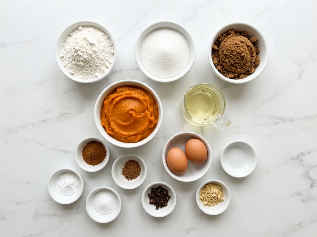 Homemade Pumpkin Bread Recipe ingredients top-down flat-lay