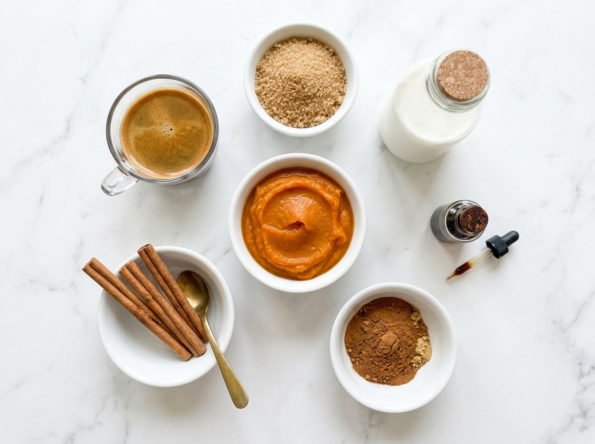 Homemade Pumpkin Spice Latte Recipe ingredients top-down flat-lay