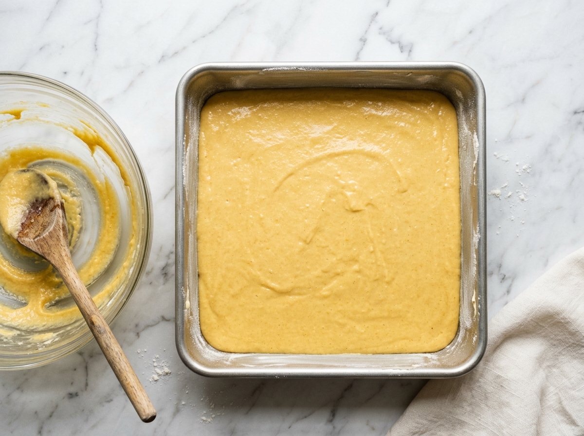 Smooth golden cornbread batter in baking pan on white marble