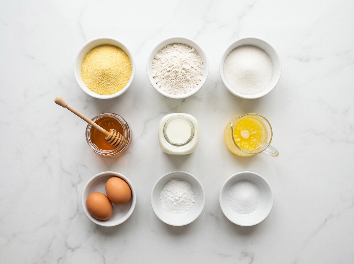 Honey Butter Cornbread recipe ingredients top-down flat-lay