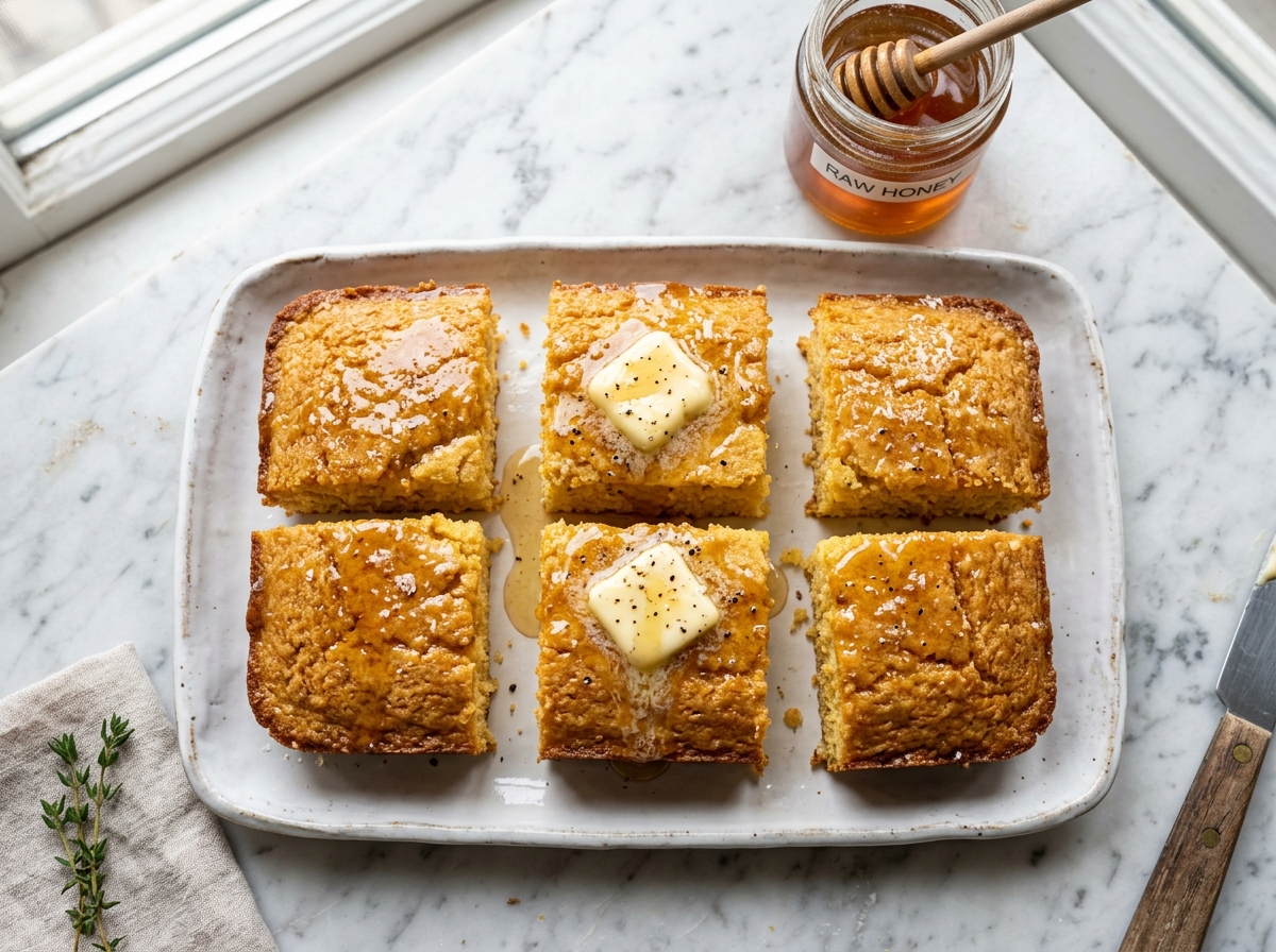 Plated golden Honey Butter Cornbread squares glistening with honey butter glaze