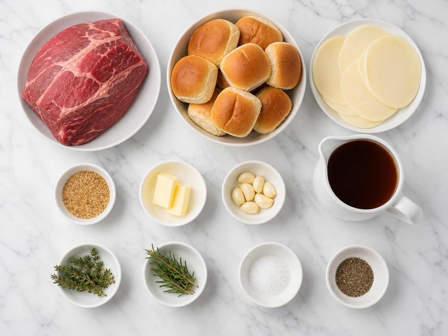 French Dip Sliders ingredients top-down flat-lay