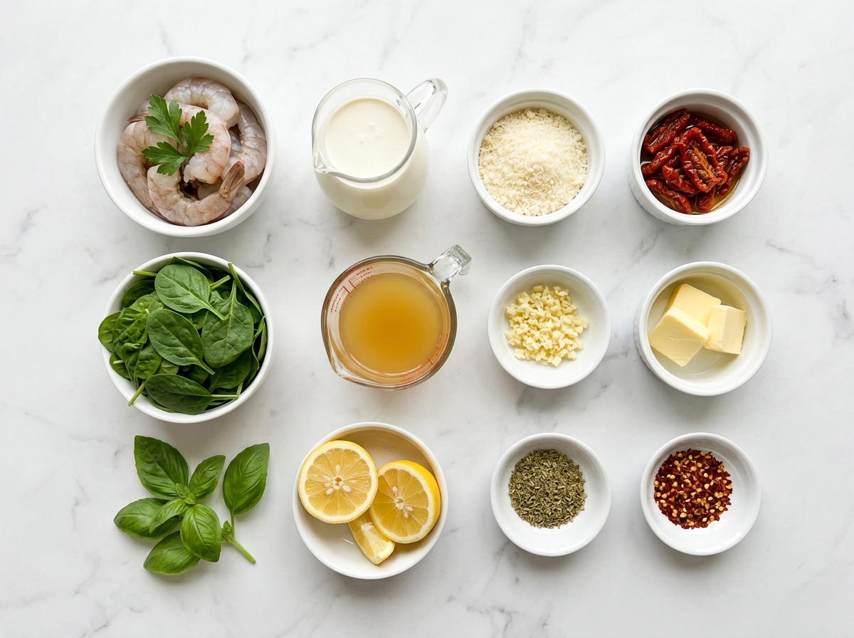 Marry Me Shrimp recipe ingredients top-down flat-lay