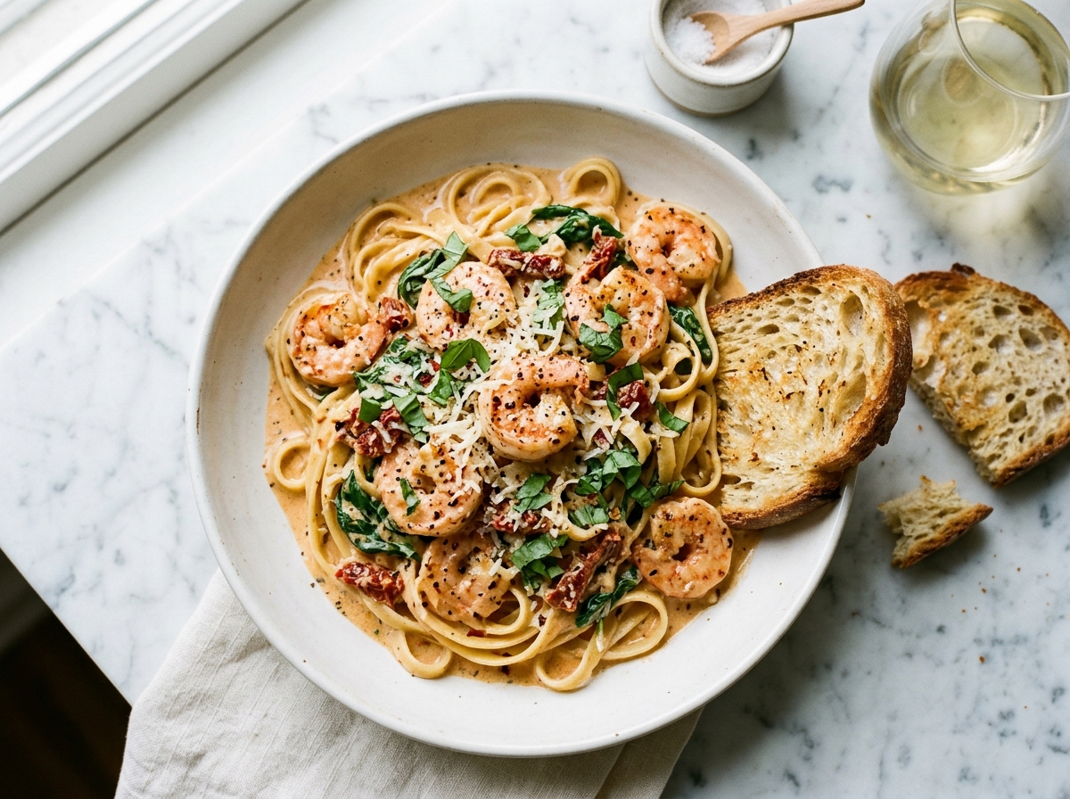 Plated Marry Me Shrimp over fettuccine pasta with fresh basil and crusty bread
