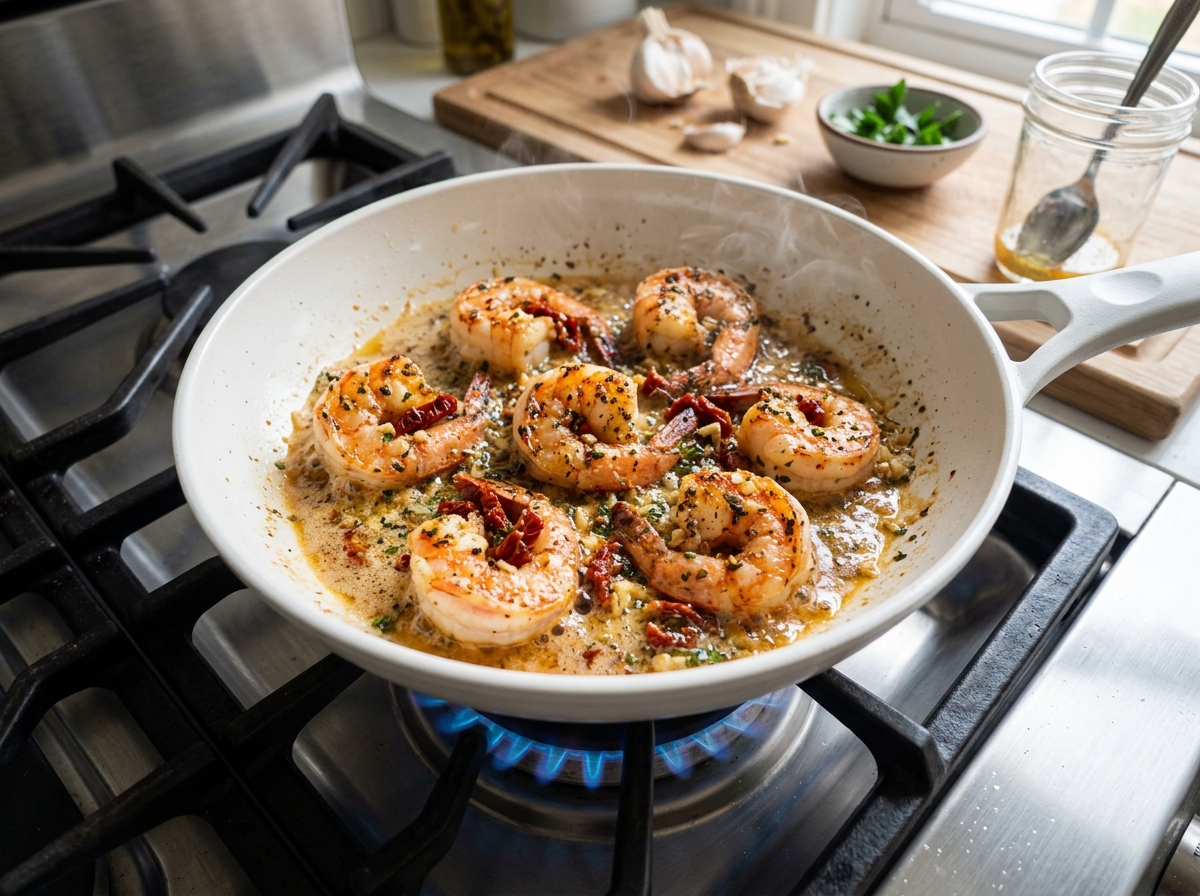 Searing jumbo shrimp with garlic and sun-dried tomatoes in white skillet