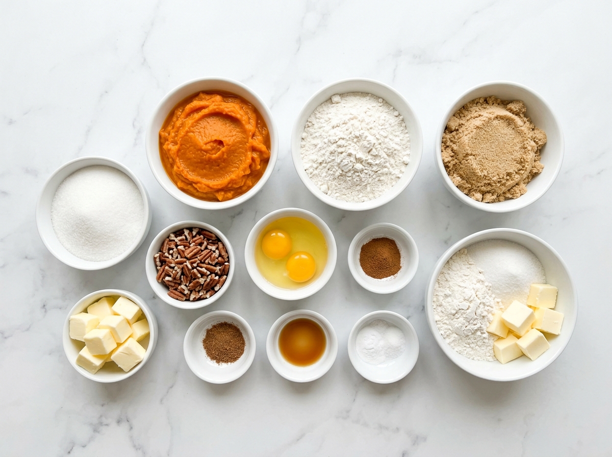 Pumpkin Bread with Streusel Topping Recipe ingredients top-down flat-lay