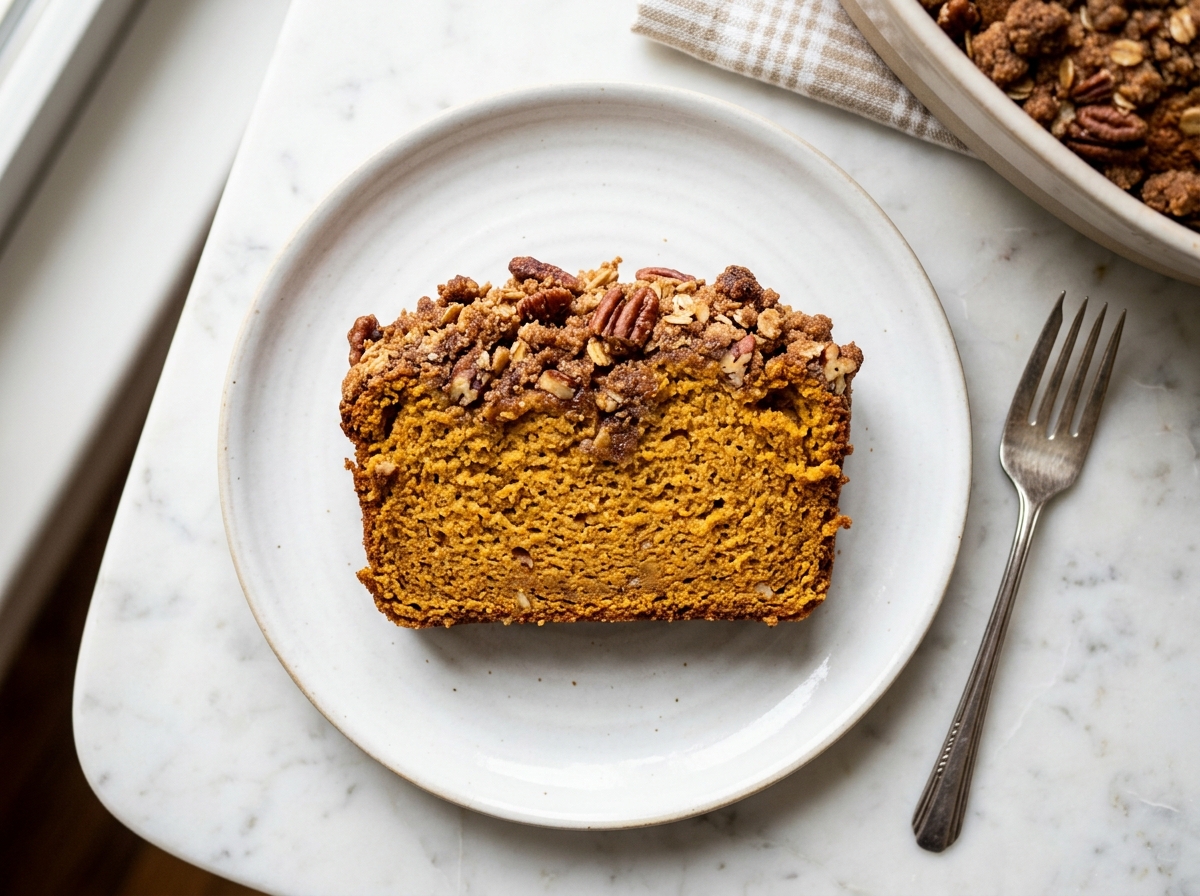 Pumpkin Bread with Streusel Topping Recipe plated finished dish
