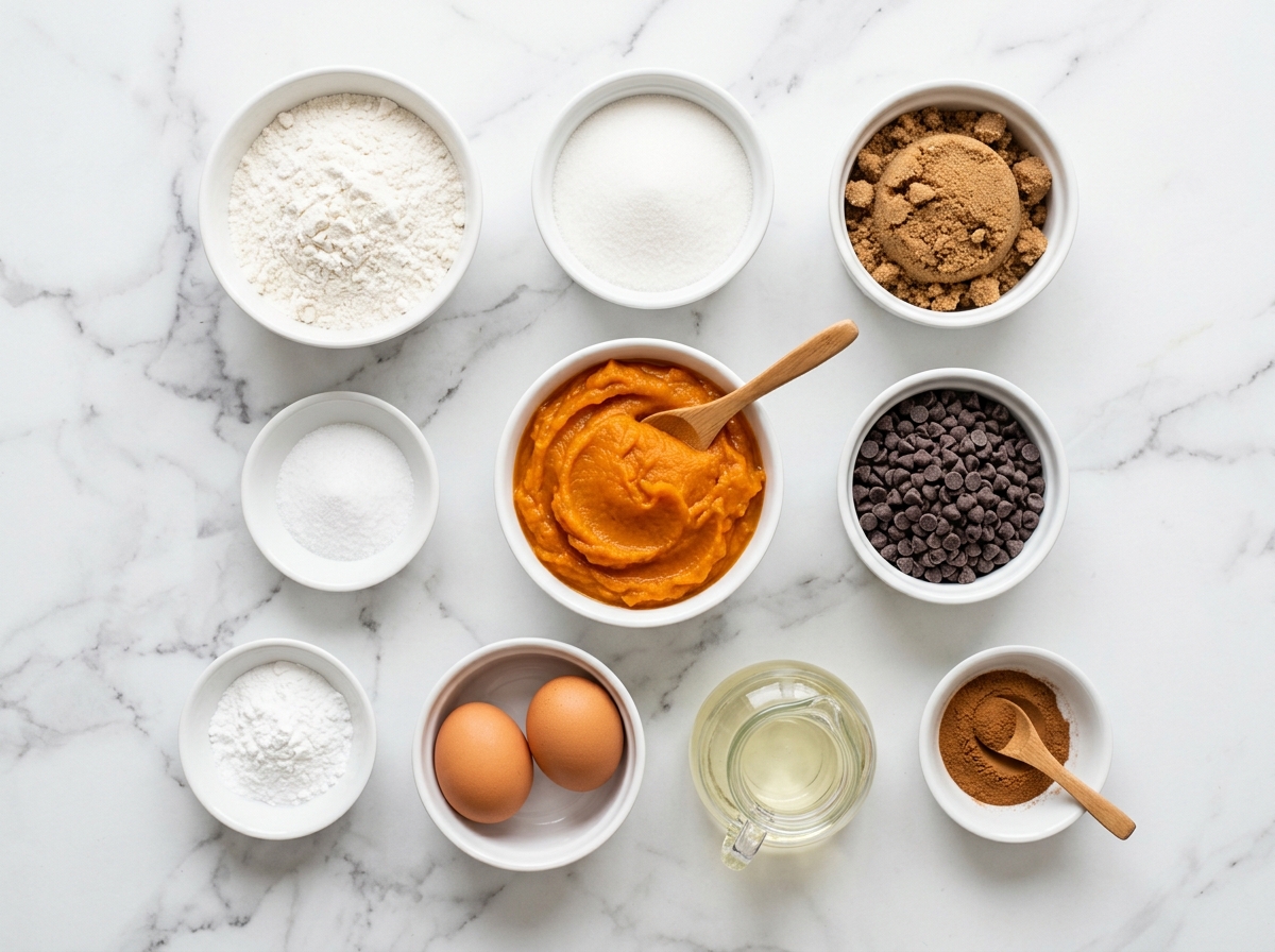 Pumpkin Chocolate Chip Muffins Recipe ingredients top-down flat-lay