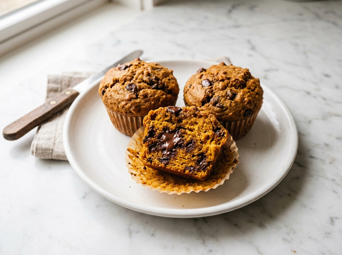 Pumpkin Chocolate Chip Muffins Recipe plated finished dish