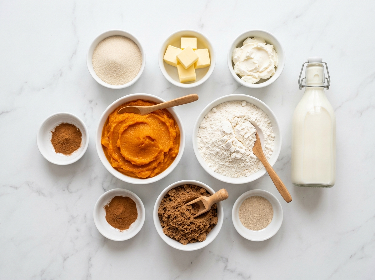 Pumpkin Cinnamon Rolls with Browned Butter Icing ingredients top-down flat-lay