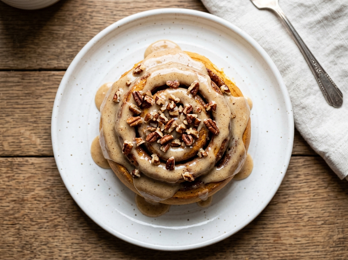 Pumpkin Cinnamon Rolls with Browned Butter Icing plated finished dish
