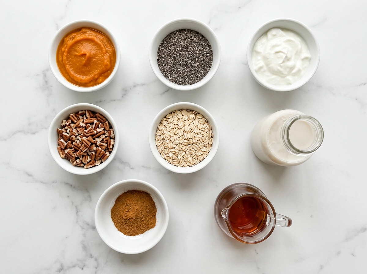 Pumpkin Pie Overnight Oats Recipe ingredients top-down flat-lay