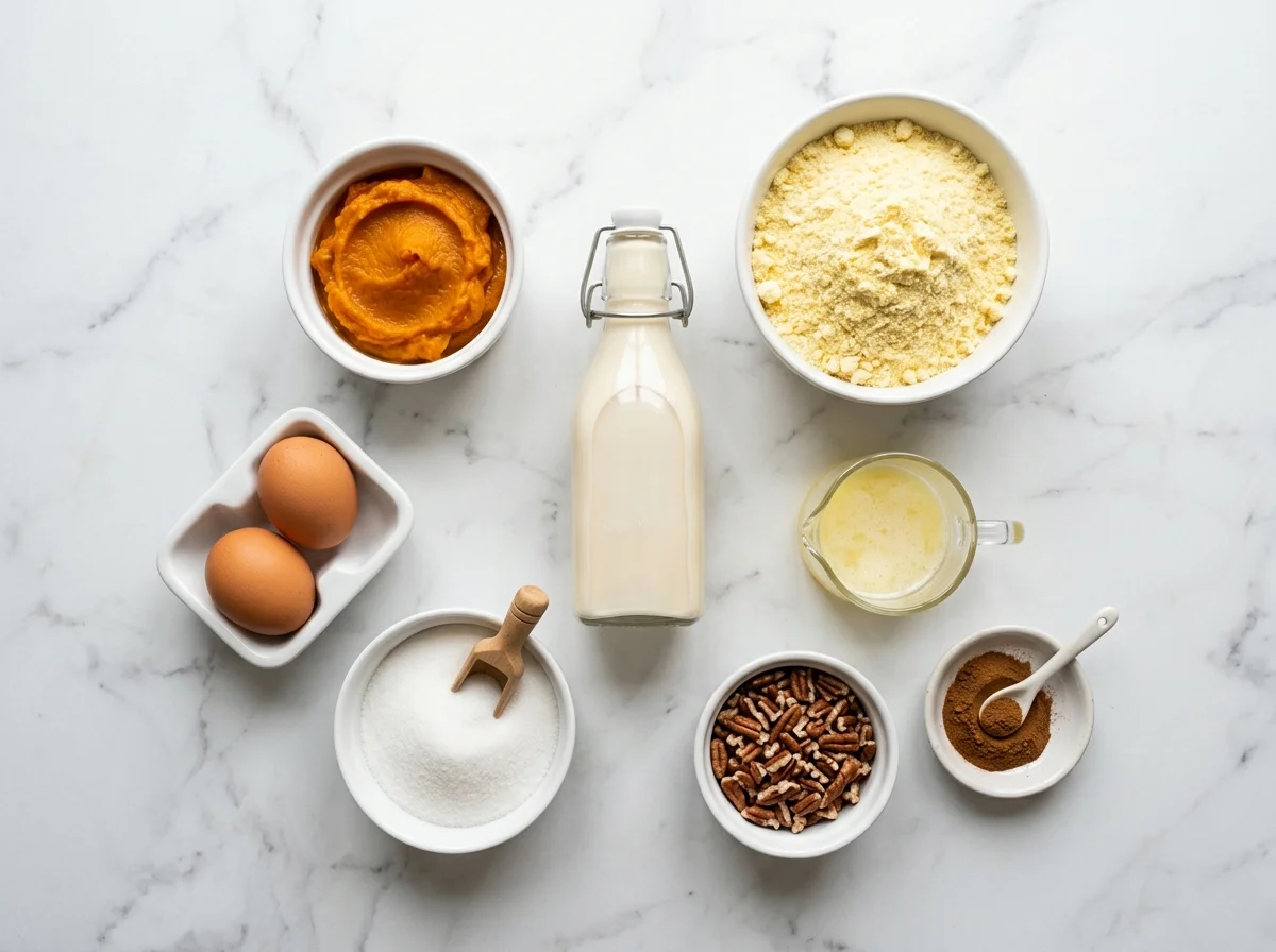 Pumpkin Spice Dump Cake Recipe ingredients top-down flat-lay