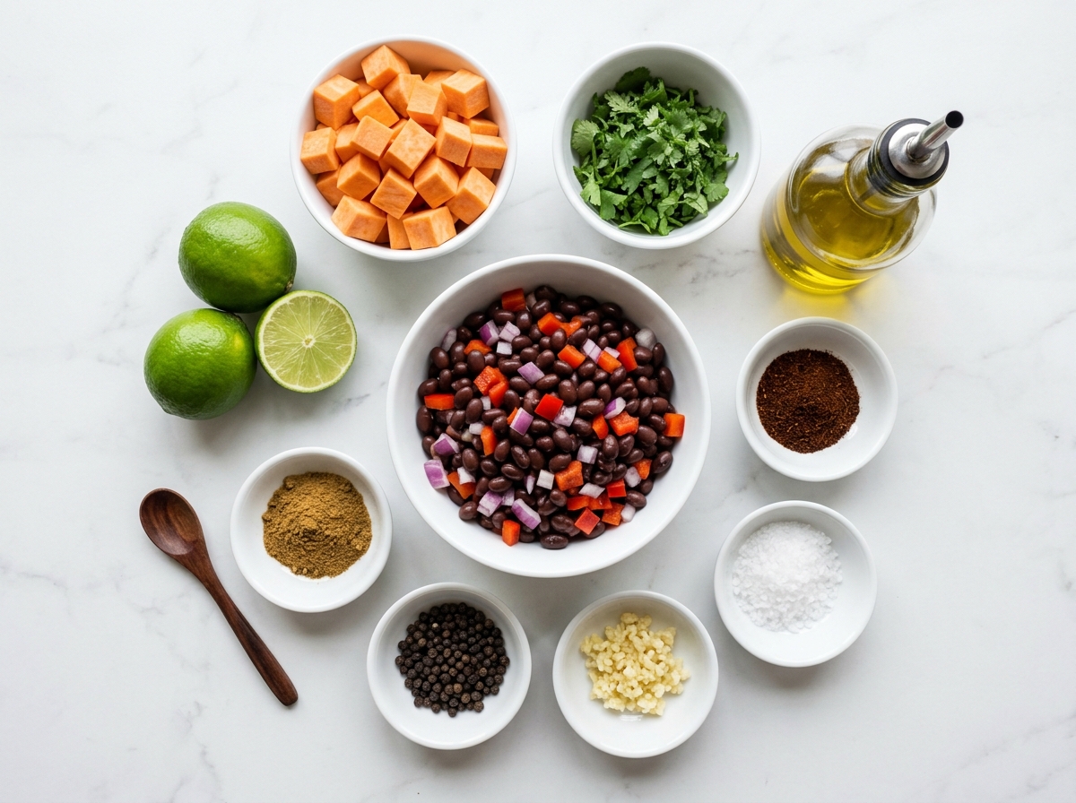 Ingredients for roasted sweet potato black bean salad laid out on marble surface