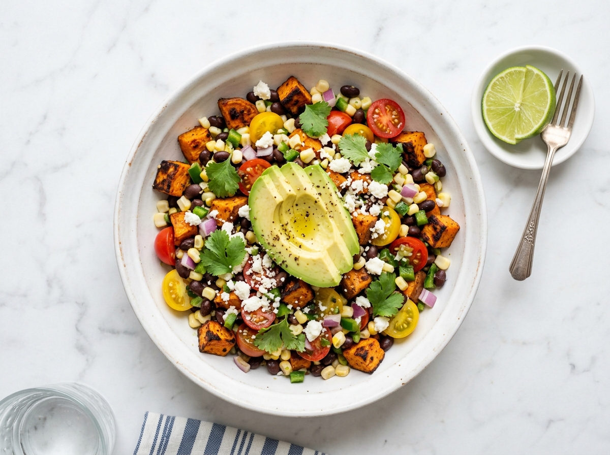 Plated bowl of roasted sweet potato black bean salad with avocado