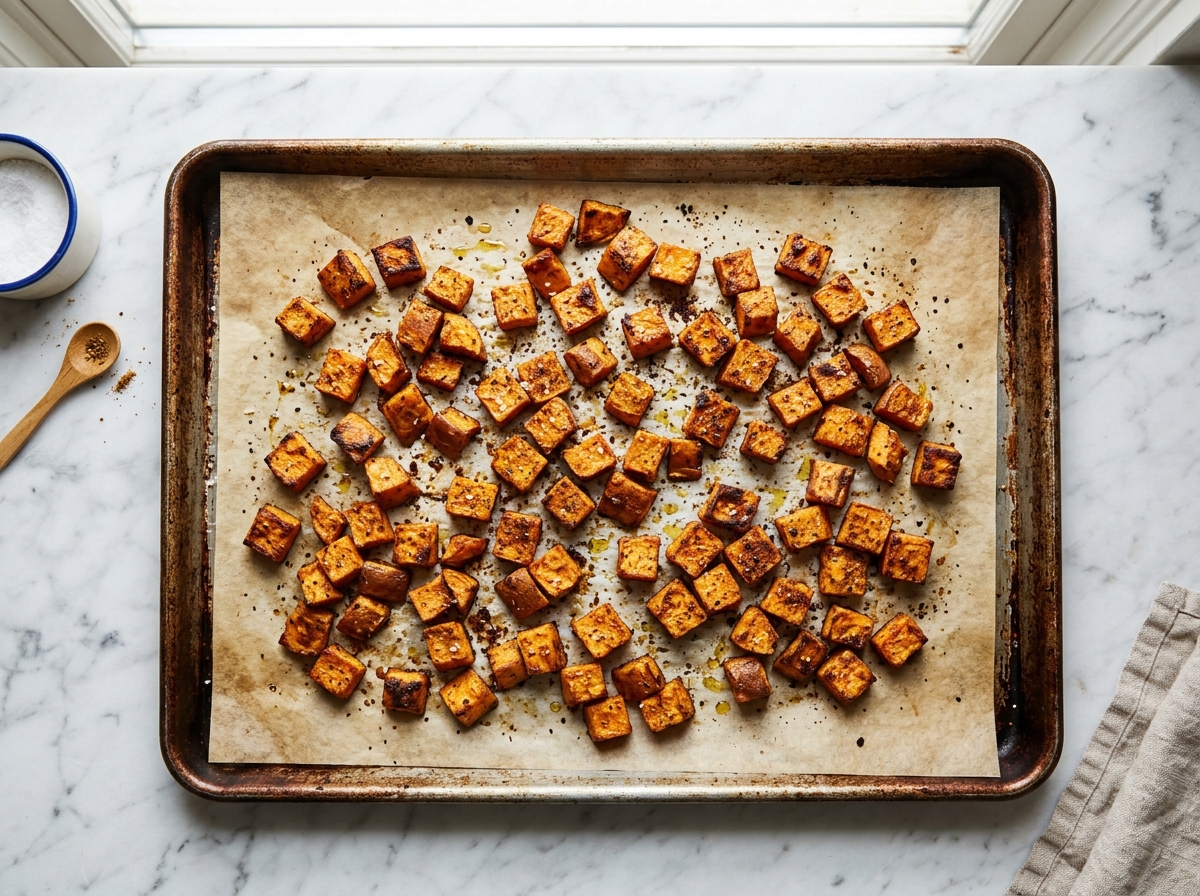 Caramelized roasted sweet potato cubes fresh on the baking pan