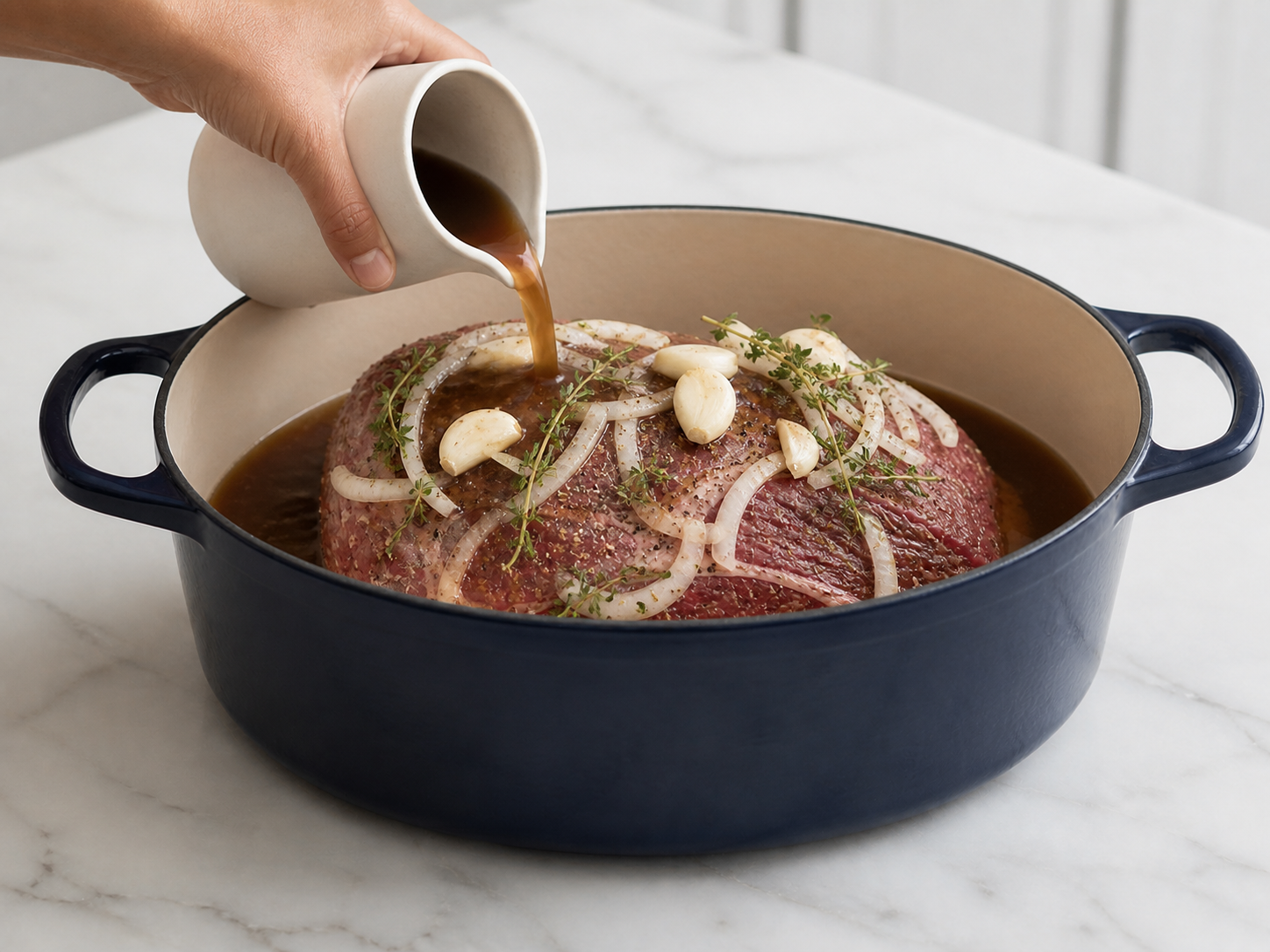 Beef broth poured around seasoned chuck roast