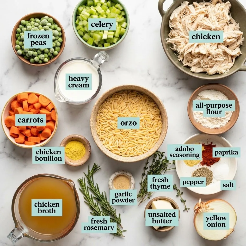 Comforting chicken pot pie orzo with rich creamy sauce