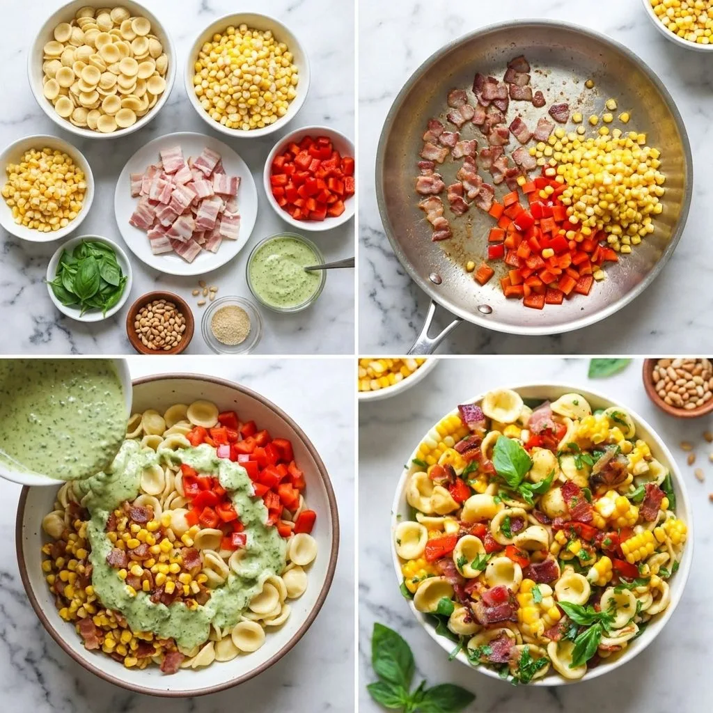 Step 2 — Corn Pasta Salad with Bacon and Creamy Pesto Dressing