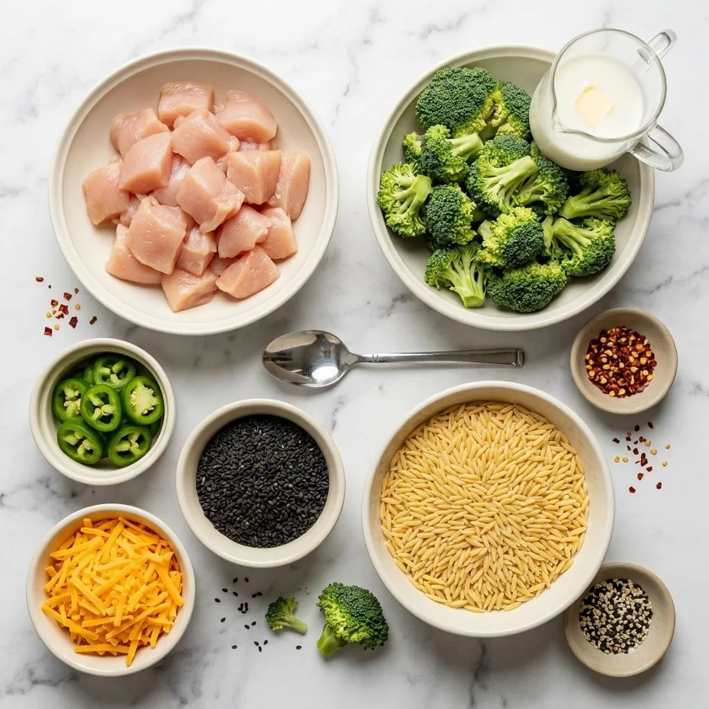 Spicy Cheddar Chicken & Broccoli Orzo for Two with Jalapeños